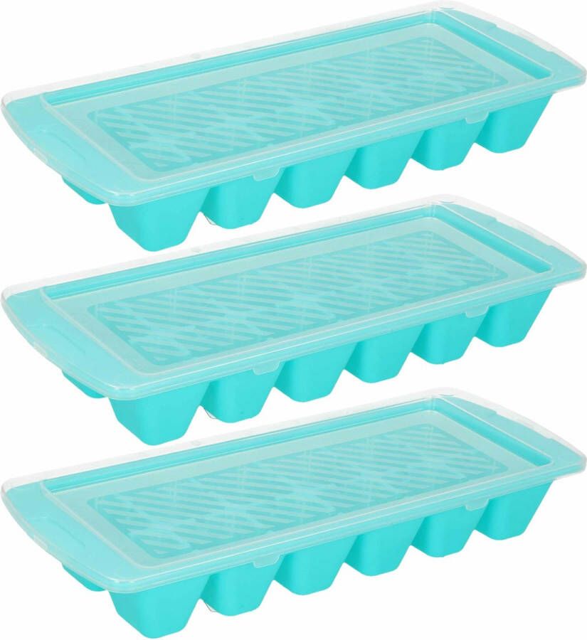 Forte Plastics IJsblokjes ijsklontjes bakje 3x blauw afsluitdeksel kunststof 28 x 11 cm IJsblokjesvormen