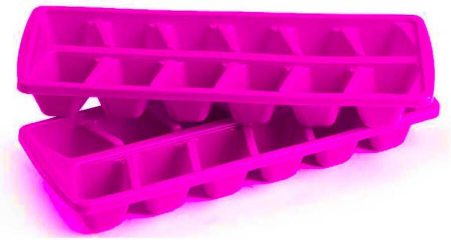 Forte Plastics Plasticforte IJsblokjesvormen set 2x stuks met deksel 24 ijsklontjes kunststof roze IJsblokjesvormen