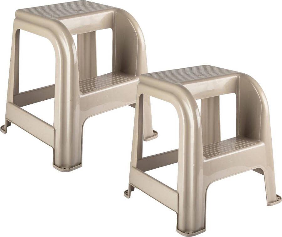 PLASTICFORTE Keukenkrukje opstapje 2x met 2 treden beige kunststof 43 x 43 x 46 cm