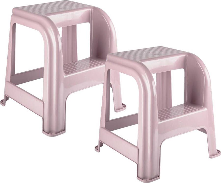 PLASTICFORTE Keukenkrukje opstapje 2x met 2 treden roze kunststof 43 x 43 x 46 cm