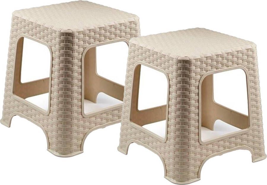 PLASTICFORTE Keukenkrukje opstapje 2x rotan beige kunststof 32 x 32 x 33 cm