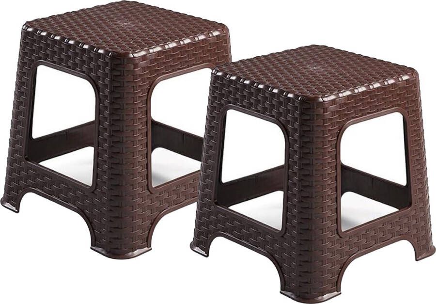 PLASTICFORTE Keukenkrukje opstapje 2x rotan bruin kunststof 32 x 32 x 33 cm