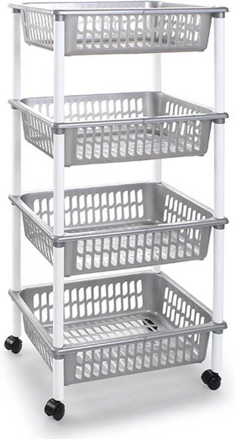 Forte Plastics Zilverkleurige opberg trolleys roltafels met 4 manden 40 x 30 x 85 cm Etagewagentje karretje met opbergkratten