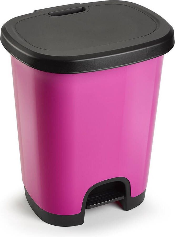 Forte Plastics Kunststof afvalemmers vuilnisemmers pedaalemmers in het fuchsia roze zwart van 27 liter met deksel en pedaal 38 x 32 x 45 cm
