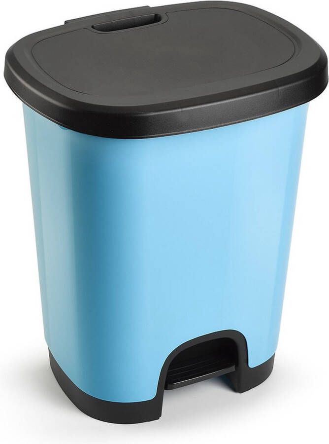 Forte Plastics Kunststof afvalemmers vuilnisemmers pedaalemmers in het lichtblauw zwart van 27 liter met deksel en pedaal 38 x 32 x 45 cm