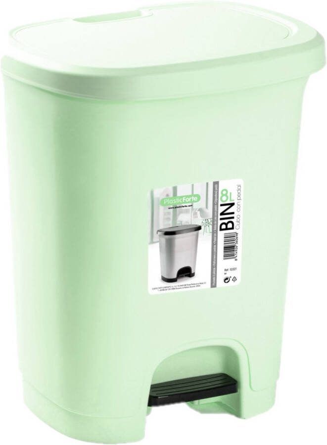PLASTICFORTE Kunststof afvalemmers vuilnisemmers pedaalemmers in het lichtmintgroen van 8 liter met deksel en pedaal 25 x 21 x 30 cm