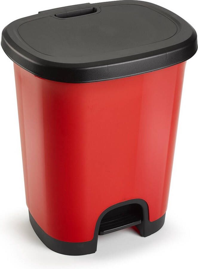 Forte Plastics Kunststof afvalemmers vuilnisemmers pedaalemmers in het rood zwart van 27 liter met deksel en pedaal 38 x 32 x 45 cm