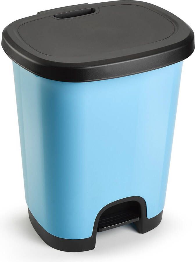 PLASTICFORTE Kunststof afvalemmer vuilnisemmer pedaalemmer in het lichtblauw zwart van 18 liter met deksel pedaal 33 x 28 x 40 cm