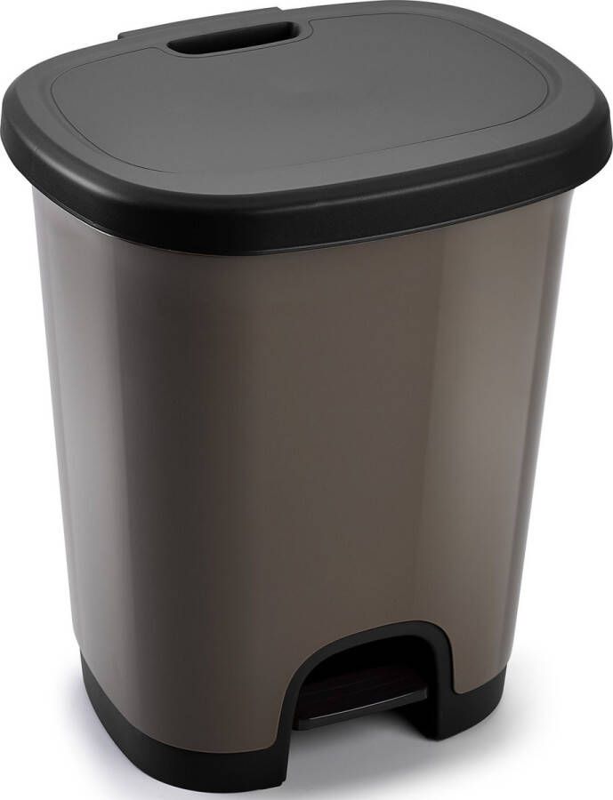 Forte Plastics Kunststof afvalemmer vuilnisemmer pedaalemmer in het taupe zwart van 18 liter met deksel pedaal 33 x 28 x 40 cm