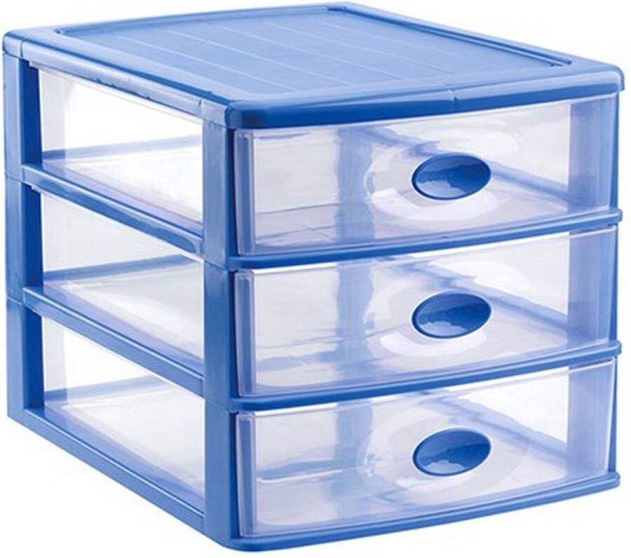 PLASTICFORTE Ladeblok bureau organizer met 3x lades blauw transparant L35 5 x B27 x H27 Opruimen opbergen laatjes