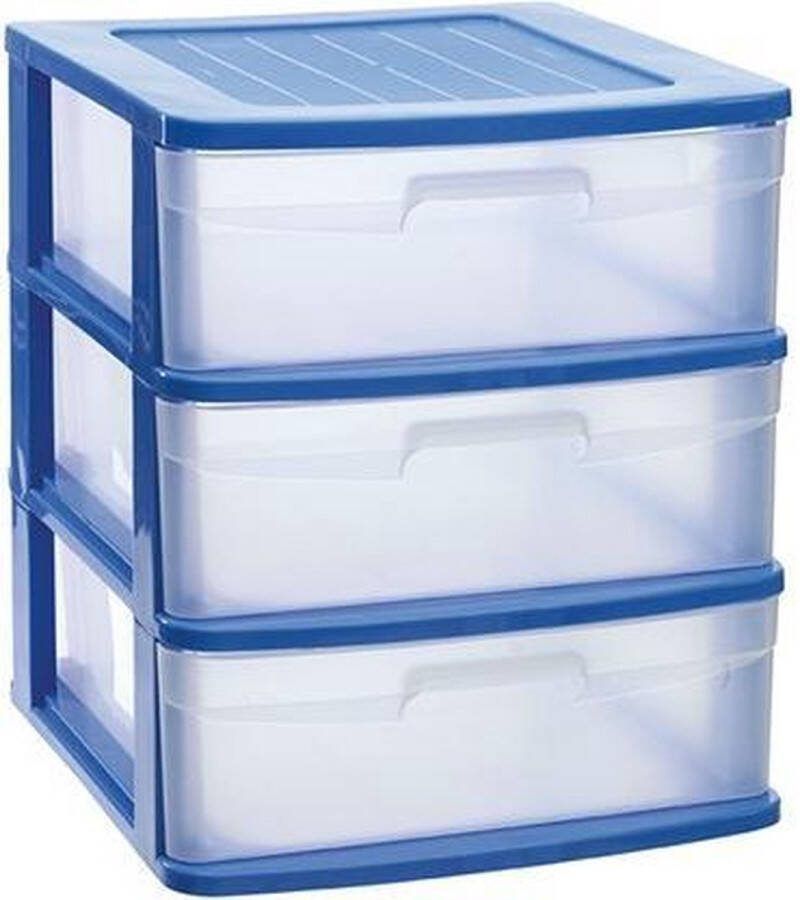 PLASTICFORTE Ladeblok bureau organizer met 3x lades blauw transparant L40 x B39 x H39.5 cm Opruimen opbergen laatjes
