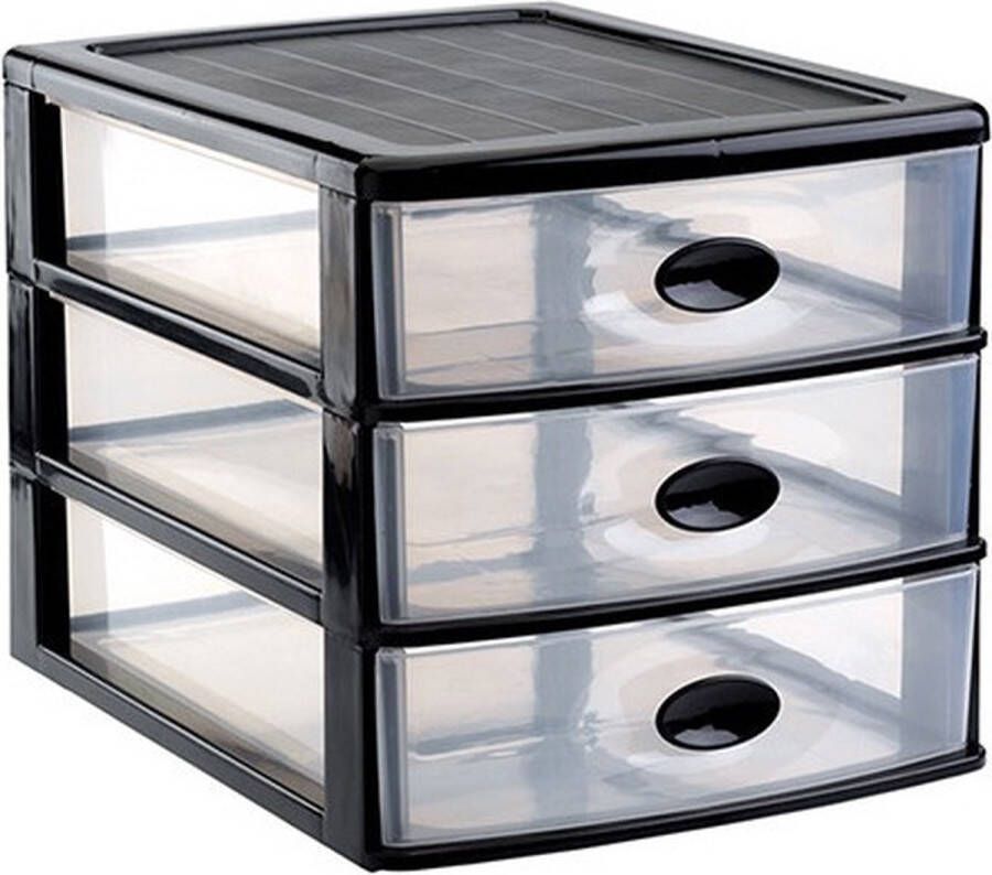 PLASTICFORTE Ladeblok bureau organizer met 3x lades zwart transparant L35 5 x B27 x H27 Opruimen opbergen laatjes