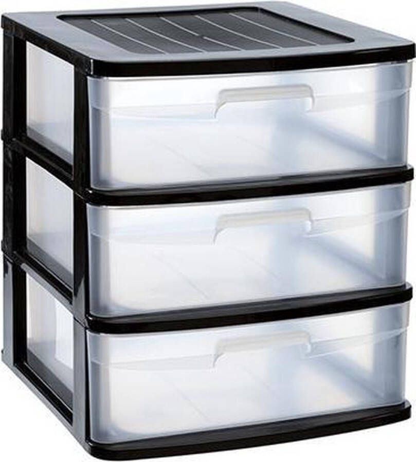 PLASTICFORTE Ladeblok bureau organizer met 3x lades zwart transparant L40 x B39 x H39.5 cm Opruimen opbergen laatjes