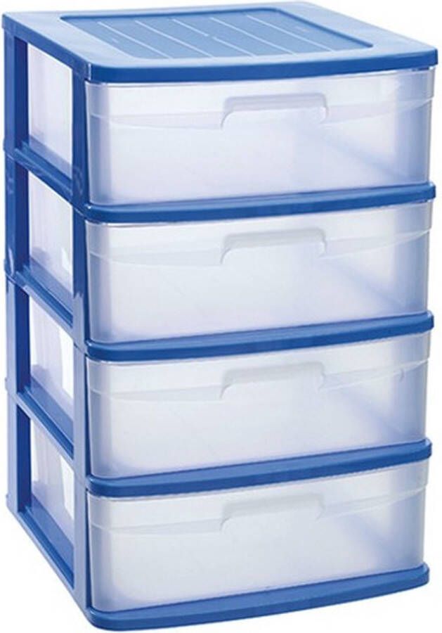 PLASTICFORTE Ladeblok bureau organizer met 4x lades blauw transparant L40 x B39 x H65 cm Opruimen opbergen laatjes