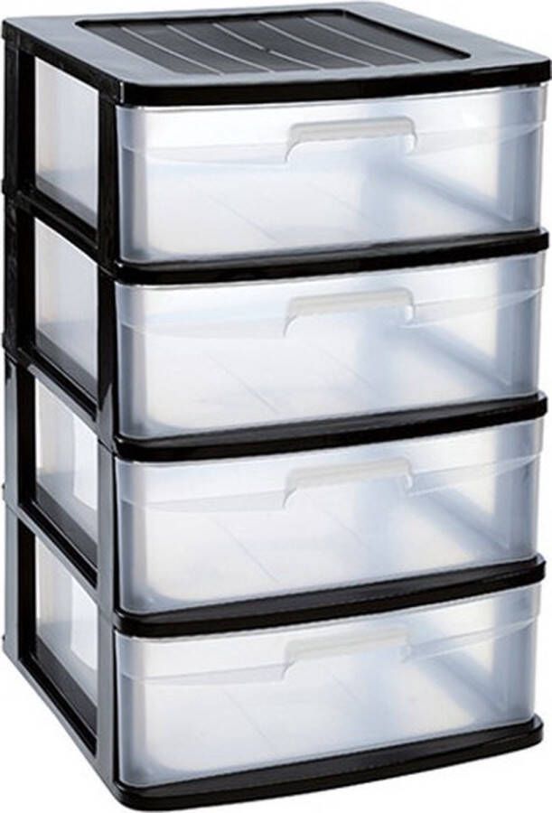 PLASTICFORTE Ladeblok bureau organizer met 4x lades zwart transparant L40 x B39 x H65 cm Opruimen opbergen laatjes