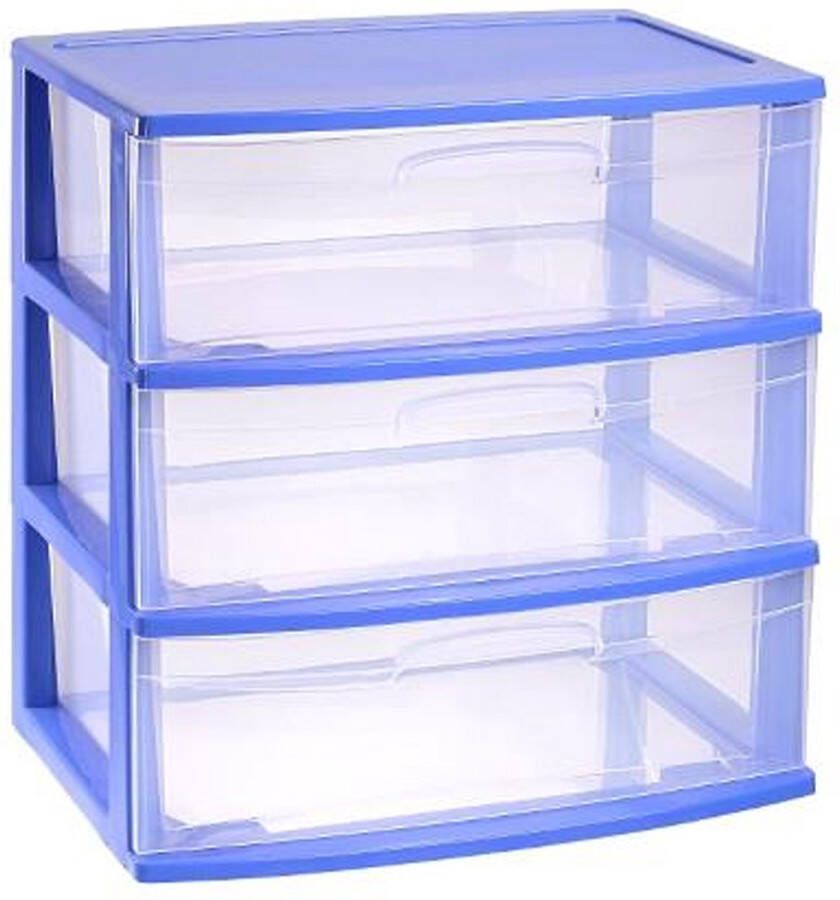 Forte Plastics Plasticforte Ladeblokje organizer 3x lades blauw transparant L56 x B40 x H61 cm plastic Ladeblok