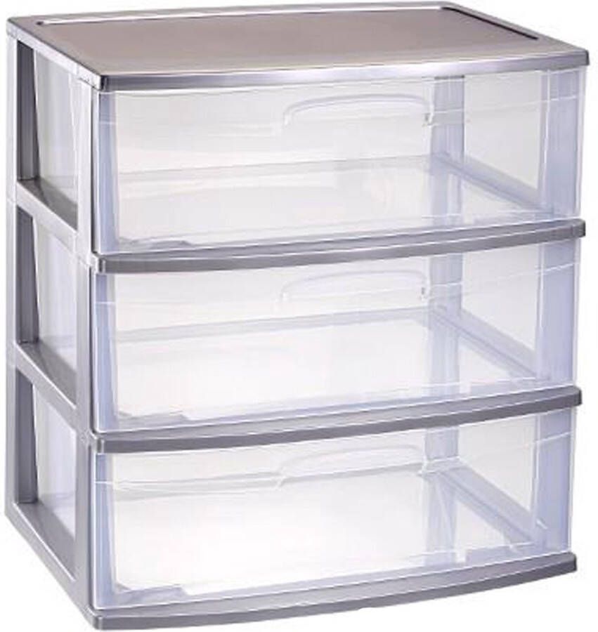 Forte Plastics Plasticforte Ladeblokje organizer 3x lades zilver transparant L56 x B40 x H61 cm plastic Ladeblok