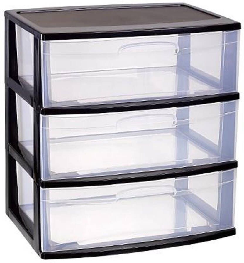 Forte Plastics Plasticforte Ladeblokje organizer 3x lades zwart transparant L56 x B40 x H61 cm plastic Ladeblok