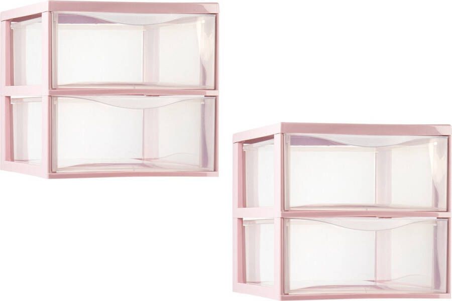PLASTICFORTE ladeblokje bureau organizer 2x 2 lades transparant roze L26 x B36 x H25 cm