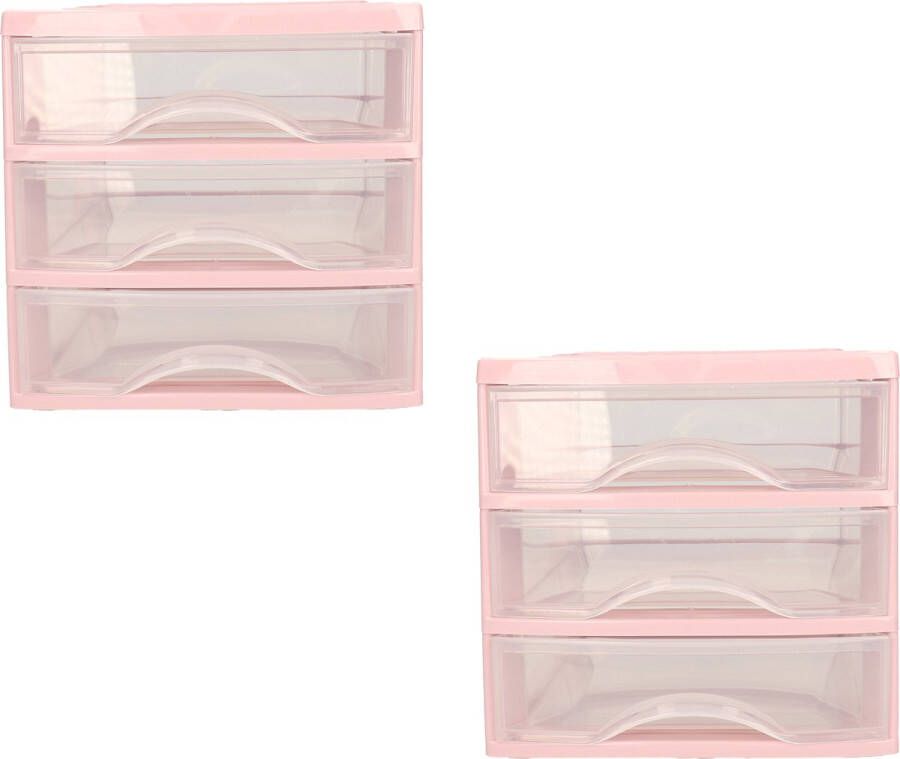 PLASTICFORTE ladeblokje bureau organizer 2x 3 lades transparant roze L18 x B21 x H17 cm