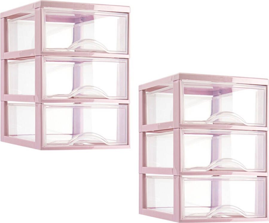 PLASTICFORTE ladeblokje bureau organizer 2x 3 lades transparant roze L18 x B25 x H25 cm