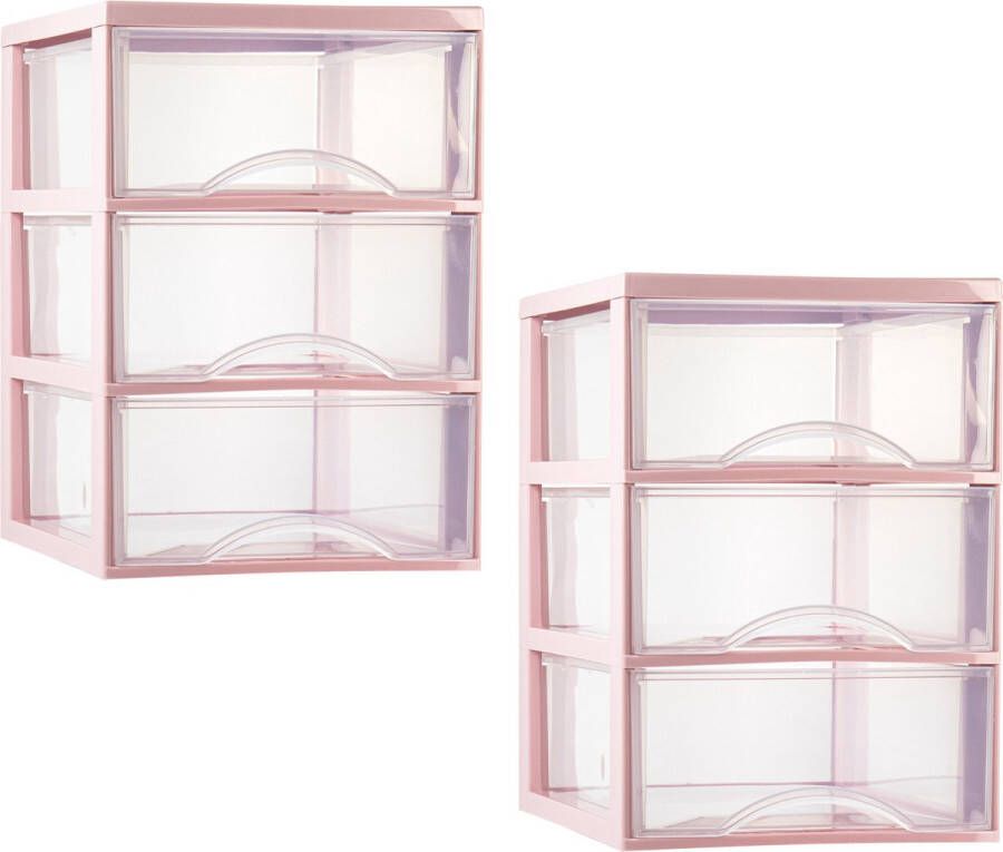 PLASTICFORTE ladeblokje bureau organizer 2x 3 lades transparant roze L26 x B36 x H37 cm