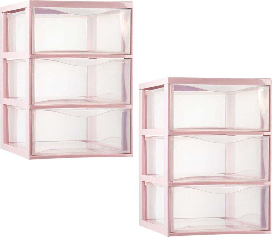 PLASTICFORTE ladeblokje bureau organizer 2x 3 lades transparant roze L26 x B37 x H37 cm