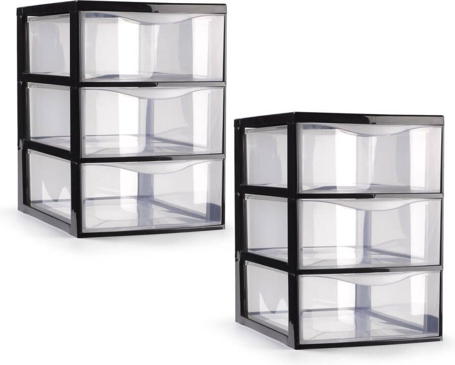 PLASTICFORTE ladeblokje bureau organizer 2x 3 lades transparant zwart L18 x B25 x H25 cm