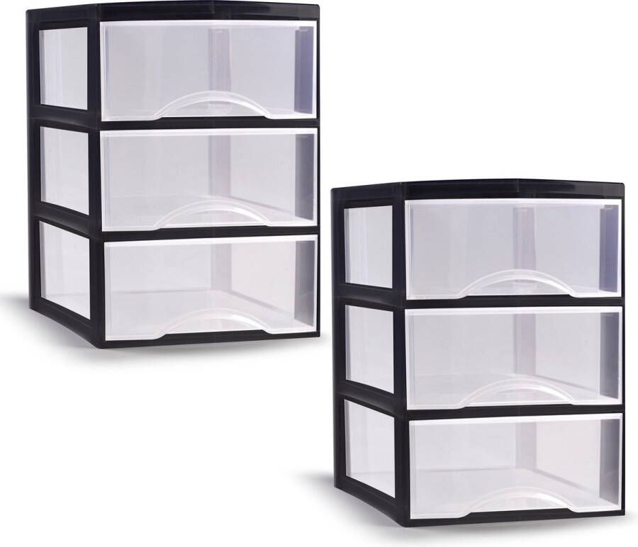 PLASTICFORTE ladeblokje bureau organizer 2x 3 lades transparant zwart L26 x B37 x H37 cm