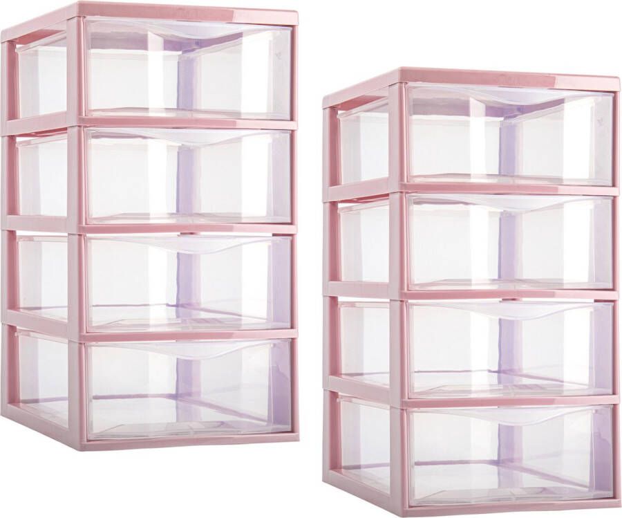 PLASTICFORTE ladeblokje bureau organizer 2x 4 lades transparant roze L18 x B25 x H33 cm