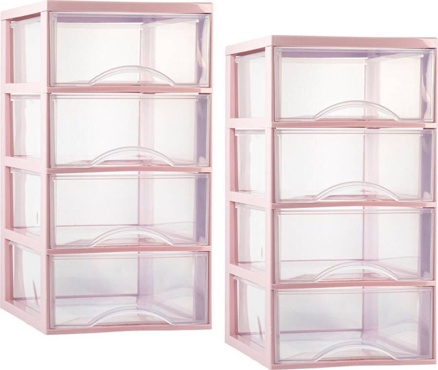 PLASTICFORTE ladeblokje bureau organizer 2x 4 lades transparant roze L26 x B36 x H49 cm