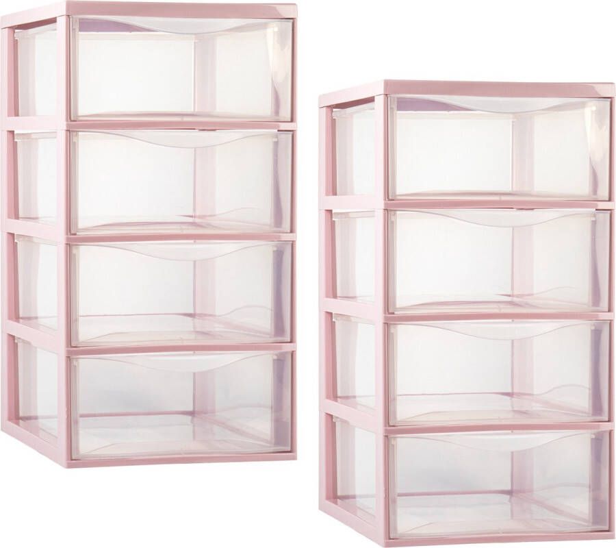 PLASTICFORTE ladeblokje bureau organizer 2x 4 lades transparant roze L26 x B37 x H49 cm