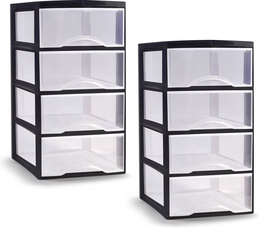 PLASTICFORTE ladeblokje bureau organizer 2x 4 lades transparant zwart L26 x B36 x H49 cm