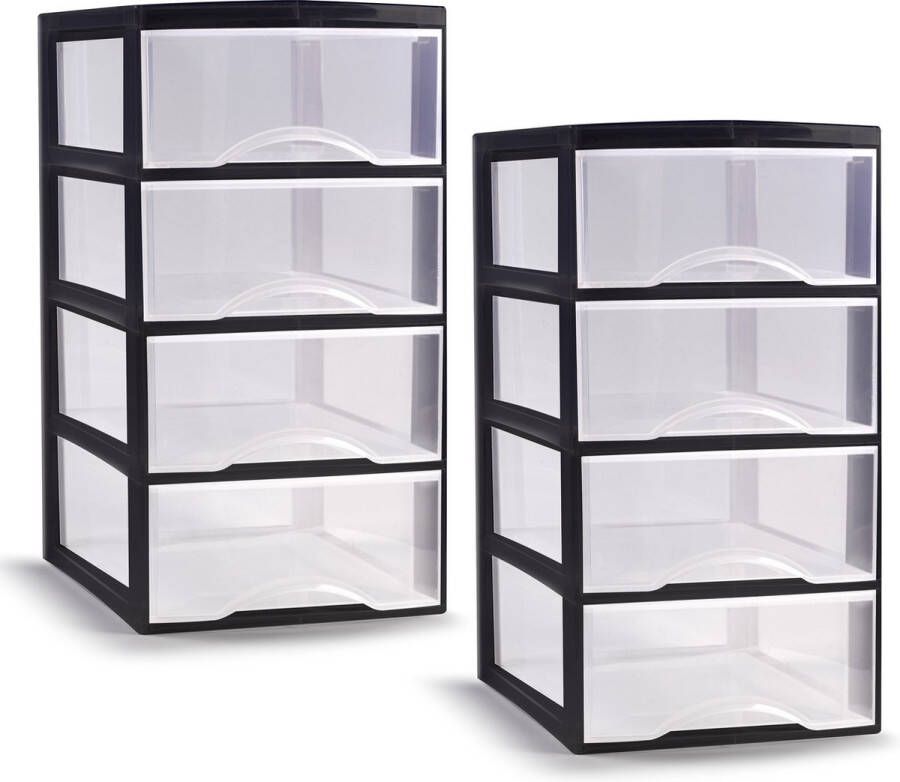 PLASTICFORTE ladeblokje bureau organizer 2x 4 lades transparant zwart L26 x B37 x H49 cm