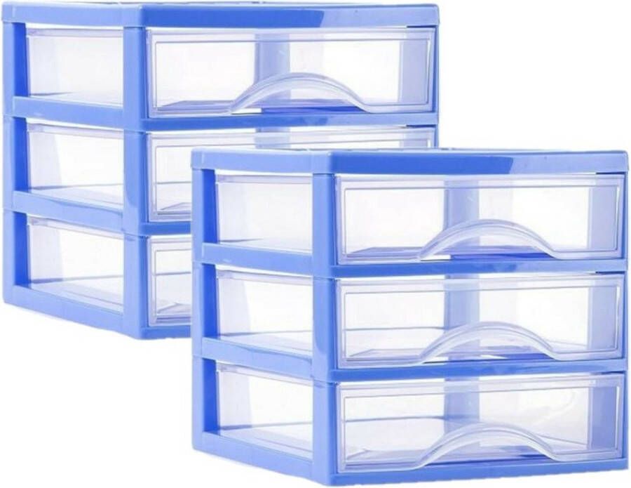PLASTICFORTE Ladeblokje bureau organizer 2x lades blauw transparant L18 x B21 x H17 cm plastic