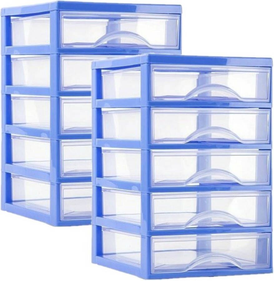 PLASTICFORTE Ladeblokje bureau organizer 2x lades blauw transparant L18 x B21 x H28 cm plastic