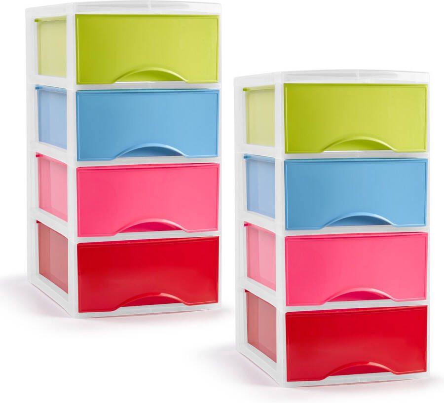 PLASTICFORTE ladeblokje bureau organizer 2x stuks 4 lades multi kleur L18 x B25 x H33 cm