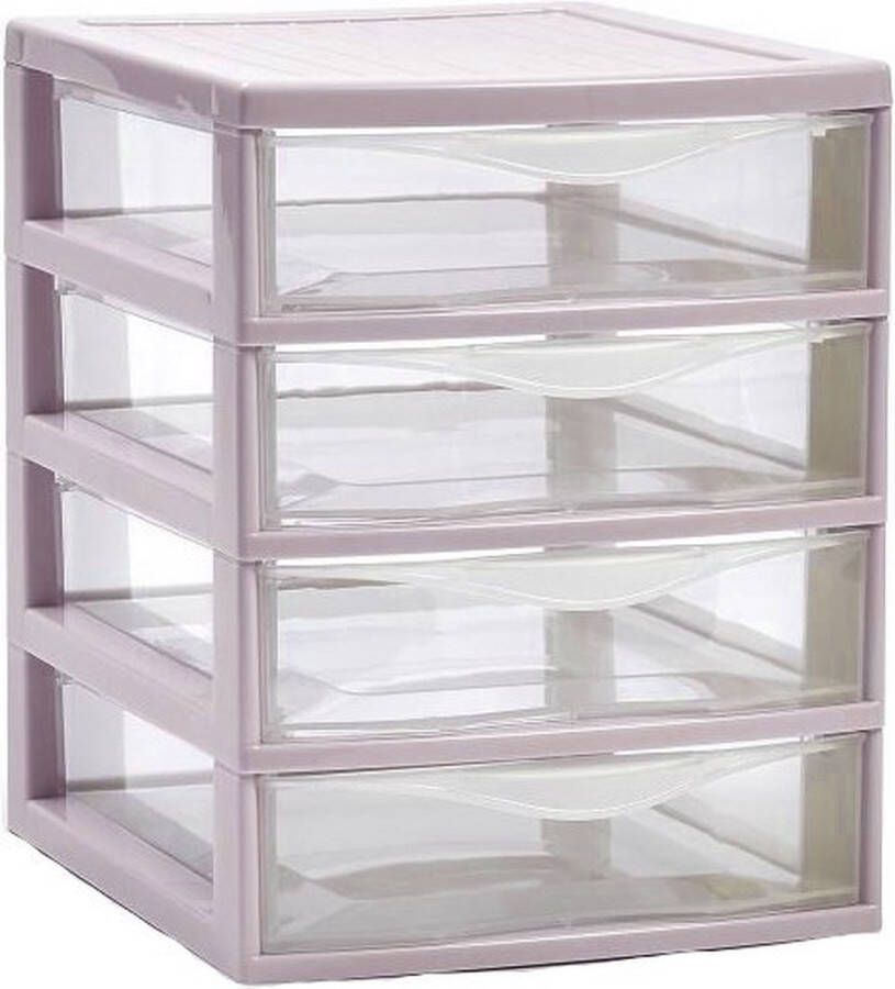 Forte Plastics Plasticforte Ladeblokje bureau organizer 4x lades oud roze transparant L18 x B21 x H23 cm plastic Ladeblok