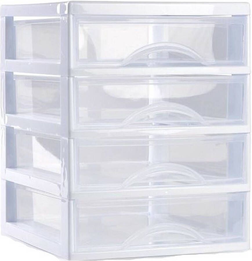 Forte Plastics Plasticforte Ladeblokje bureau organizer 4x lades wit transparant L18 x B21 x H23 cm plastic Ladeblok