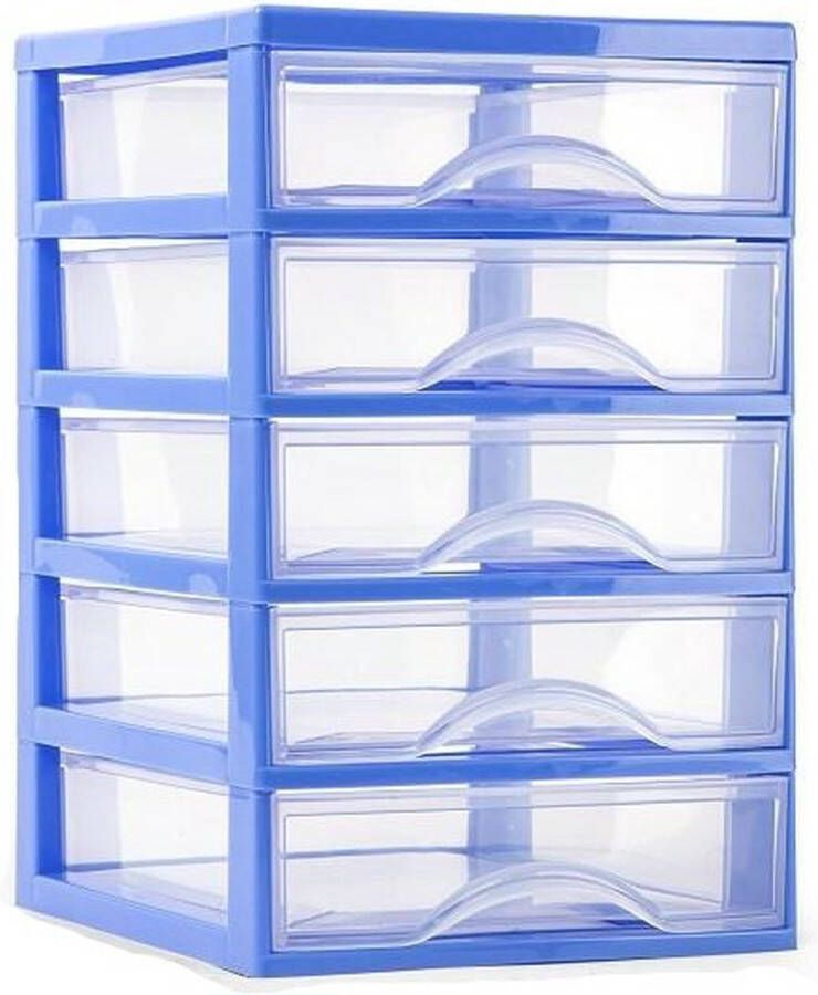Forte Plastics Plasticforte Ladeblokje bureau organizer 5x lades blauw transparant L18 x B21 x H28 cm plastic Ladeblok