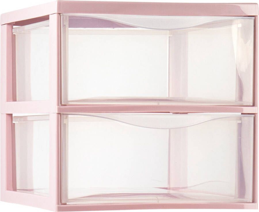 Forte Plastics Plasticforte Ladeblokje bureau organizer 2x lades transparant roze L26 x B36 x H25 cm Ladeblok
