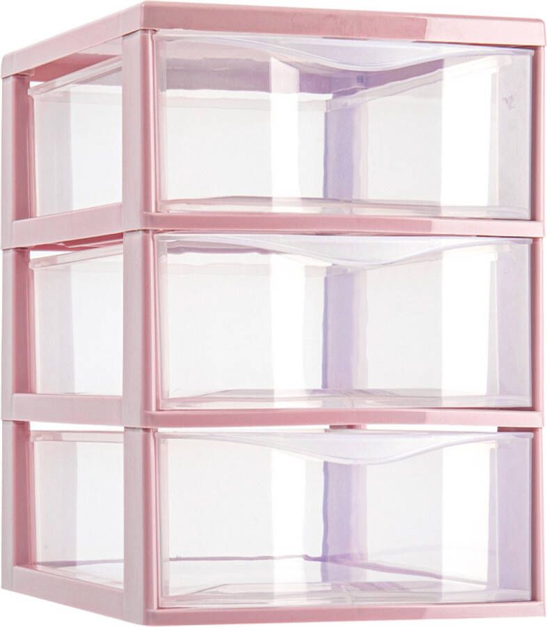 Forte Plastics Plasticforte Ladeblokje bureau organizer 3x lades transparant roze L18 x B25 x H25 cm Ladeblok