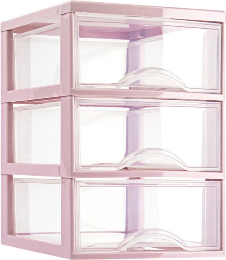 Forte Plastics Plasticforte Ladeblokje bureau organizer 3x lades transparant roze L18 x B25 x H25 cm Ladeblok