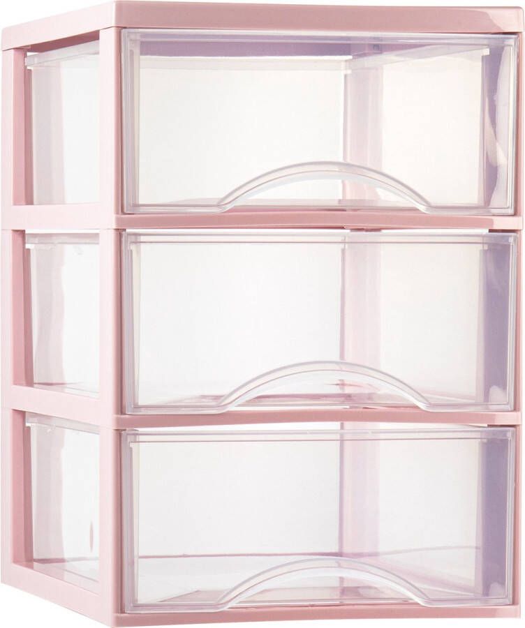 Forte Plastics Plasticforte Ladeblokje bureau organizer 3x lades transparant roze L26 x B36 x H37 cm Ladeblok
