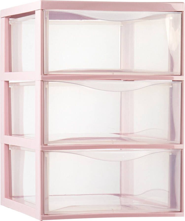 Forte Plastics Plasticforte Ladeblokje bureau organizer 3x lades transparant roze L26 x B37 x H37 cm Ladeblok