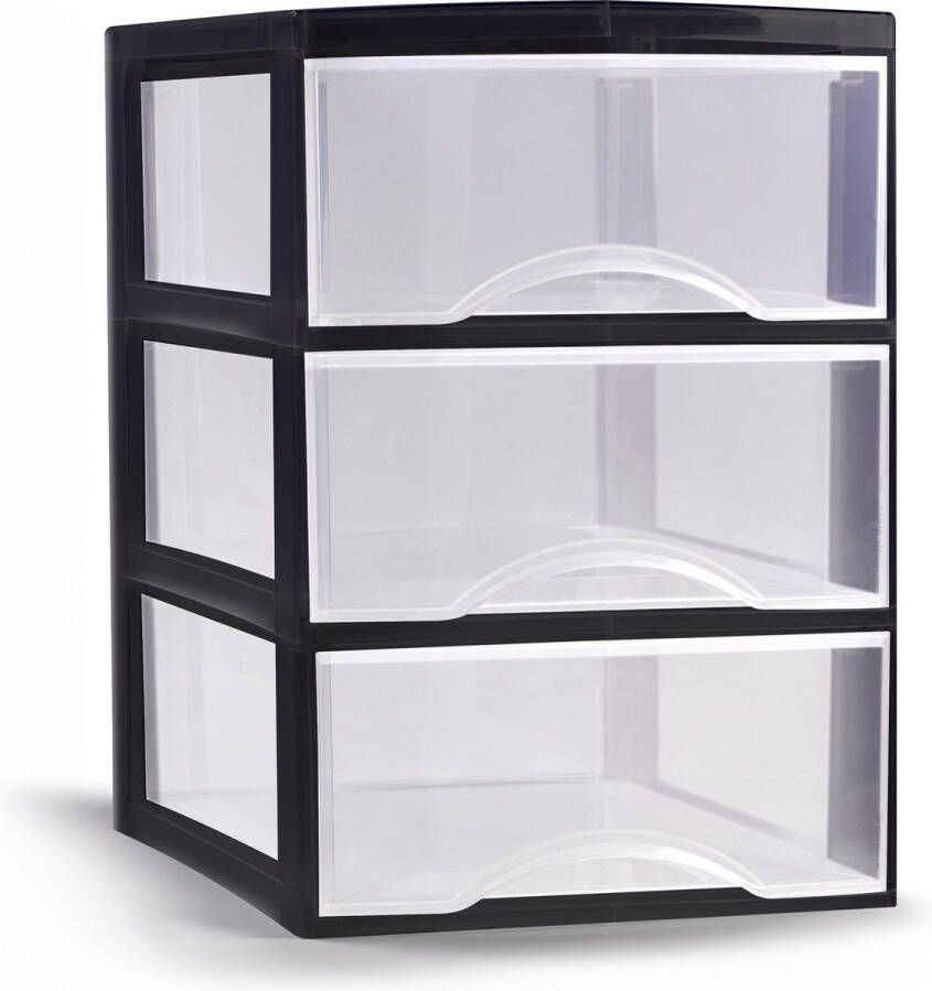 Forte Plastics Plasticforte Ladeblokje bureau organizer 3x lades transparant zwart L26 x B36 x H37 cm Ladeblok