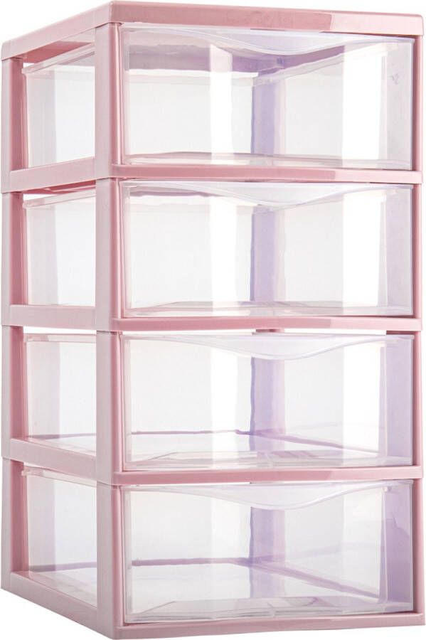 Forte Plastics Plasticforte Ladeblokje bureau organizer 4x lades transparant roze L18 x B25 x H33 cm Ladeblok