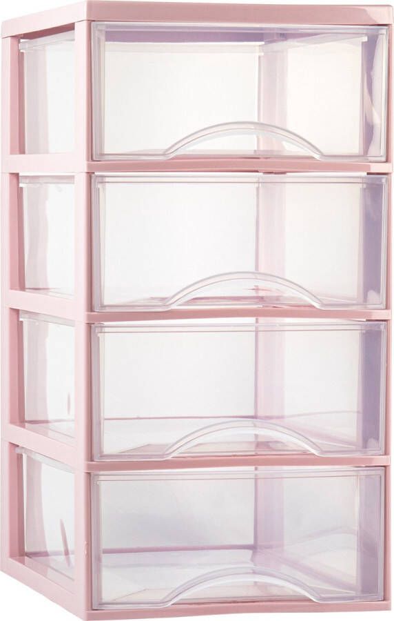 Forte Plastics Plasticforte Ladeblokje bureau organizer 4x lades transparant roze L26 x B36 x H49 cm Ladeblok