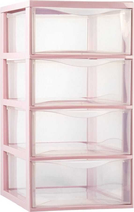 Forte Plastics Plasticforte Ladeblokje bureau organizer 4x lades transparant roze L26 x B37 x H49 cm Ladeblok