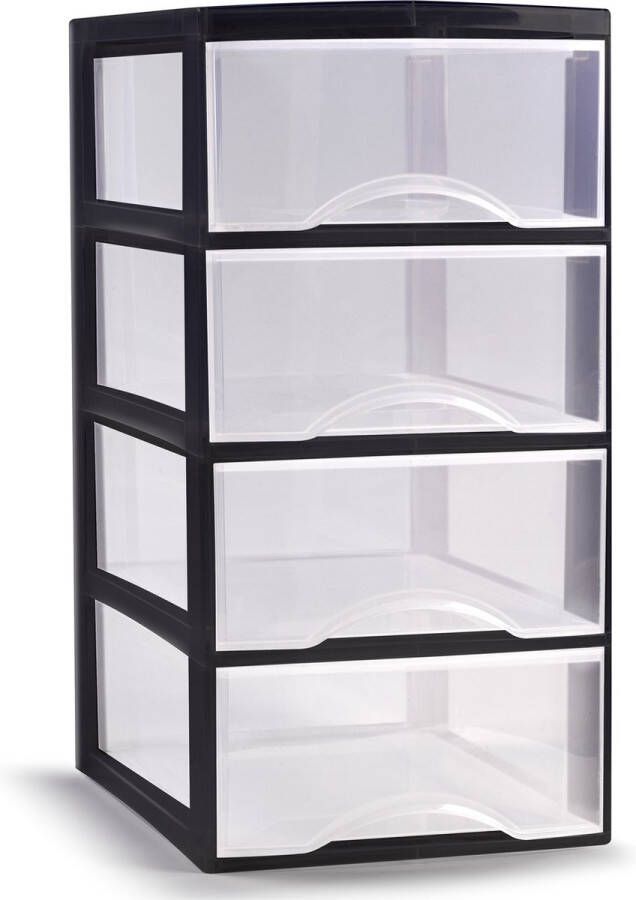 Forte Plastics Plasticforte Ladeblokje bureau organizer 4x lades transparant zwart L18 x B25 x H33 cm Ladeblok
